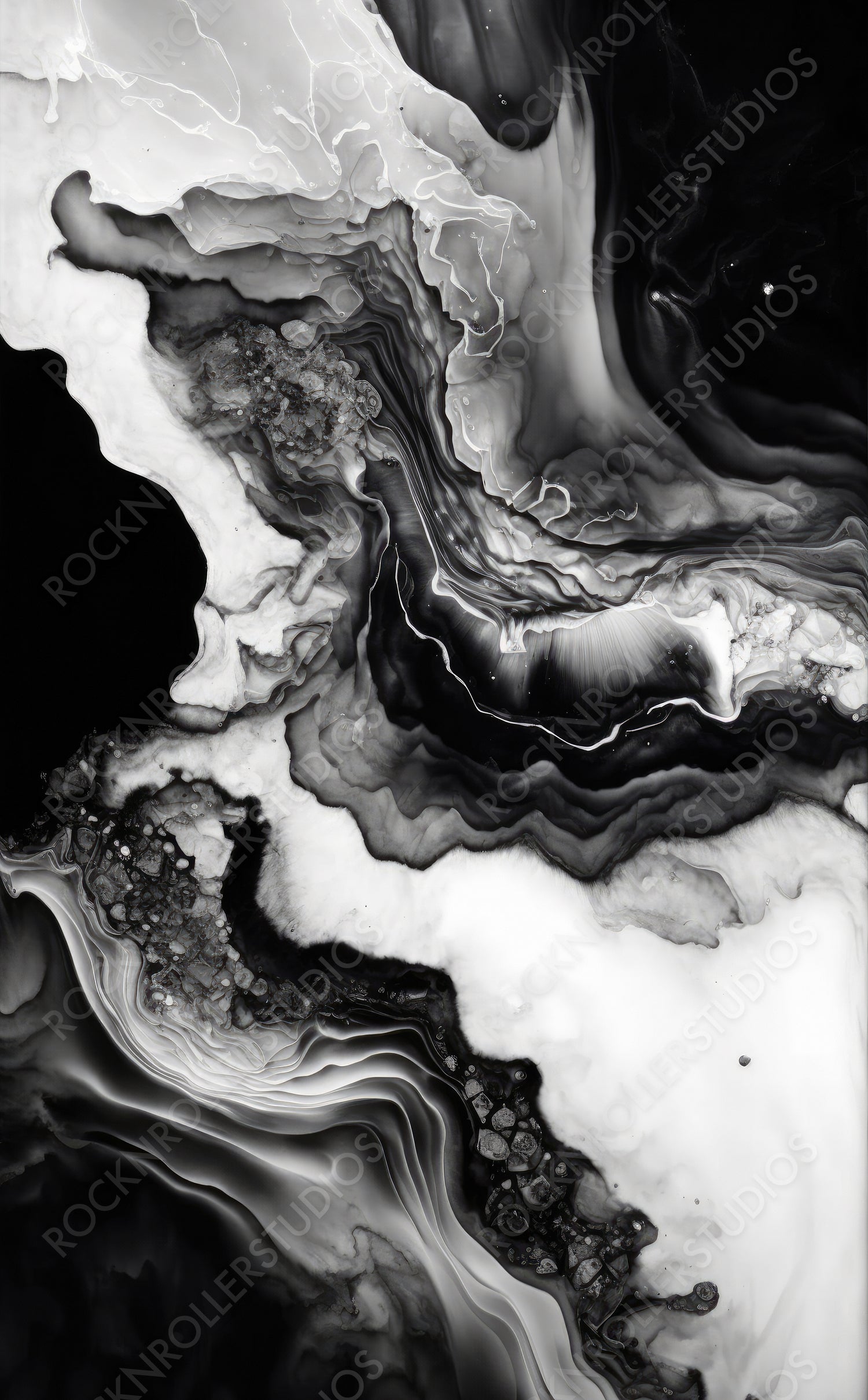 Flowing Contemporary Acrylic Pour Wallpaper in Beautiful Black and White colors. Liquid texture with White Particles. Generative AI.