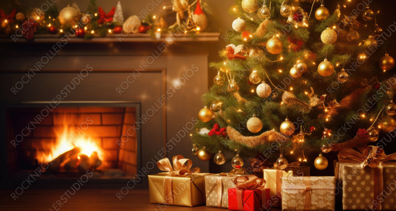 Beautiful elegant Christmas tree with Golden balls and gifts on defocused warm evening background of cozy home interior with fireplace in golden red and brown tones.
