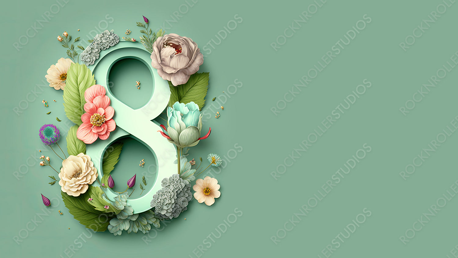 Lovely Botanical Wallpaper to Celebrate International Woman's Day. Green Floral Design with Number 8, Flowers and copy-space. Generative AI.