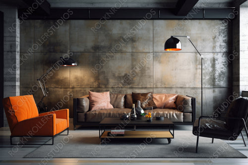 Industrial Interior Design Background. Stylish Living Room. Generative AI.