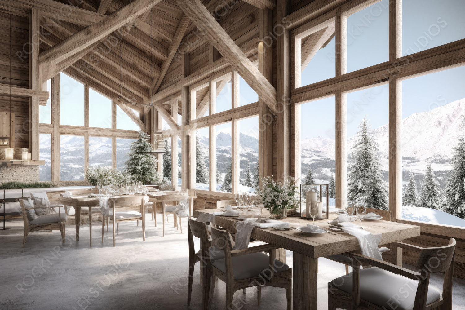 Rustic Interior Design Background. Stylish Ski Chalet. Generative AI.