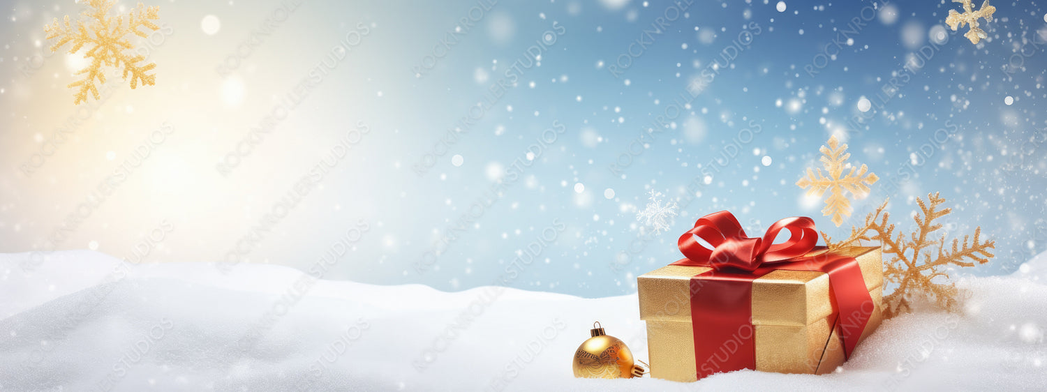 Festive Christmas snow background with copy space. Golden gift box with red ribbon, snowflake on snow on evening blue sky background with falling snow flakes.
