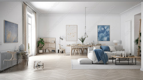 Scandinavian Interior Design Background. Contemporary Living Room. Generative AI.