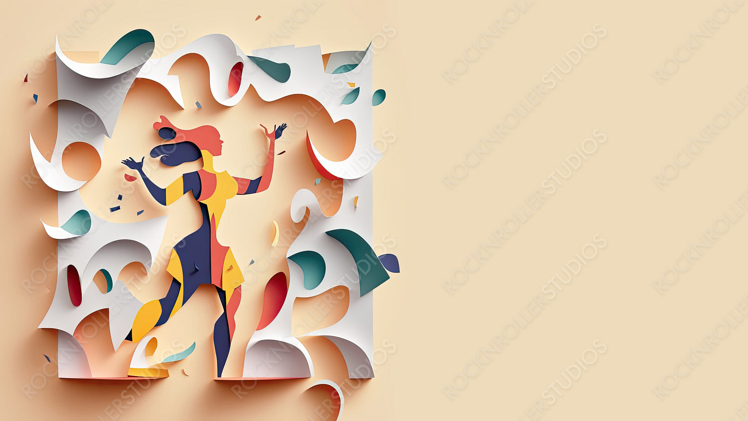 Modern Paper Cut Background to Celebrate International Woman's Day. Multicolored Geometric Design with Dancing Lady, Abstract Shapes and copy-space. Generative AI.