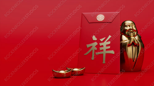 Traditional Chinese Red Envelope with the symbol for 'Luck'. Chinese New Year concept with Gold Ingots and Statue.