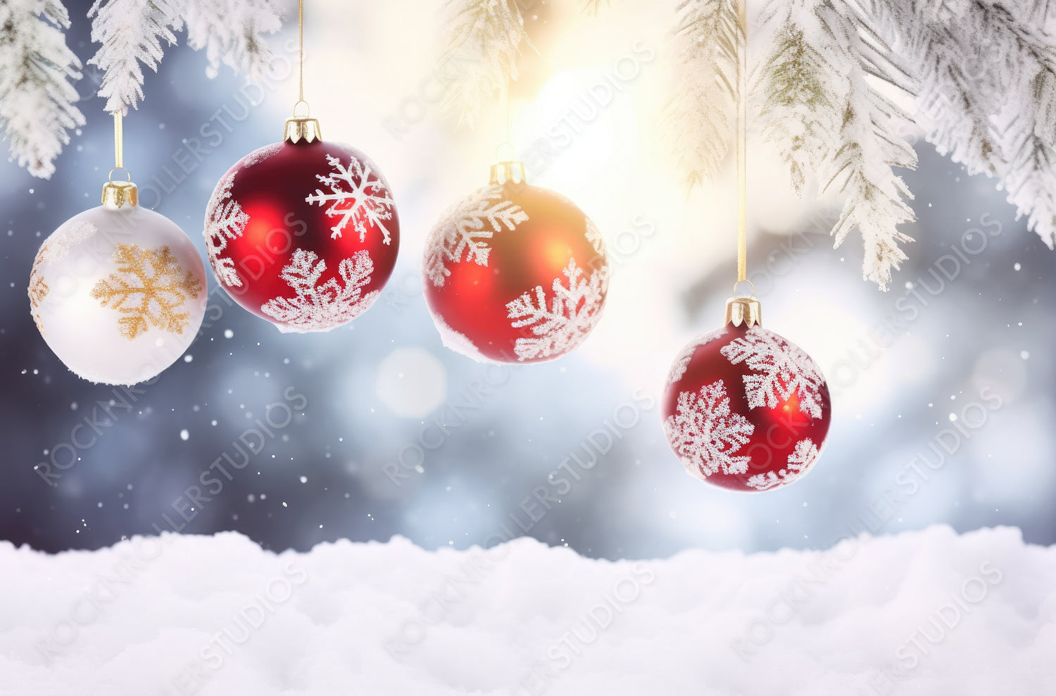 Christmas decoration with red and white Christmas balls, snowflakes in snow and snow covered fir branches in sunny day. Cozy warm solar tones, copy space.