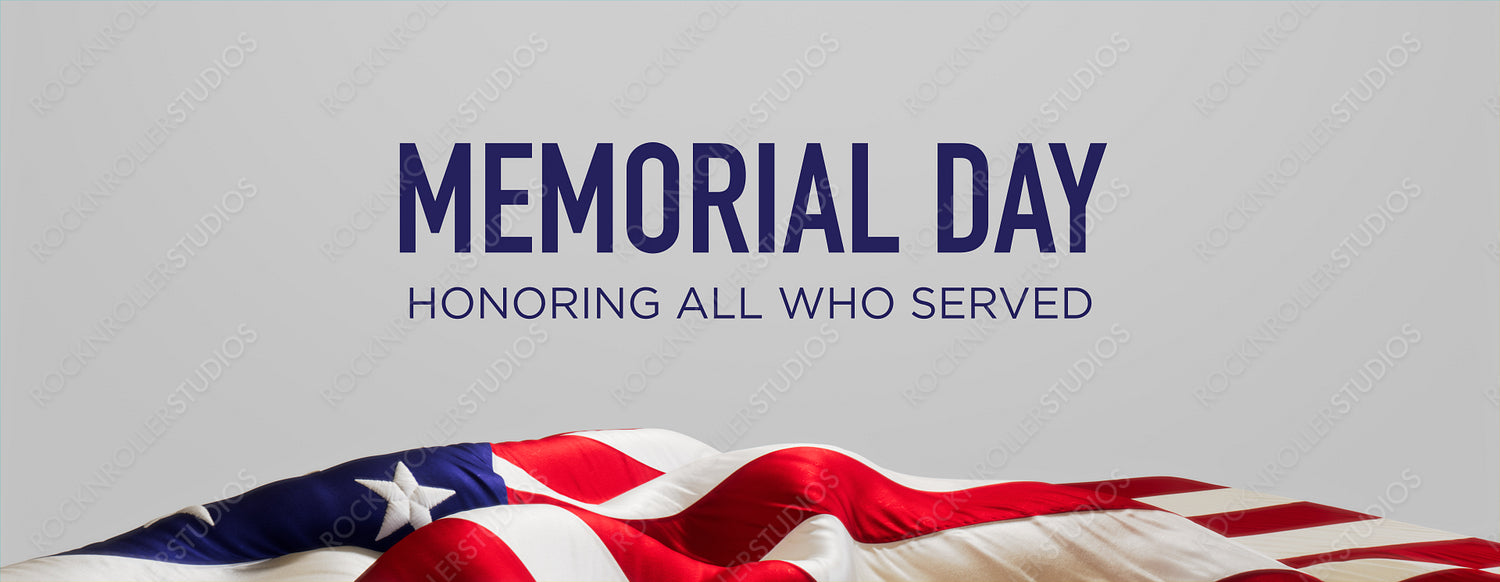 Premium Banner for Memorial Day with United States Flag and White Background.