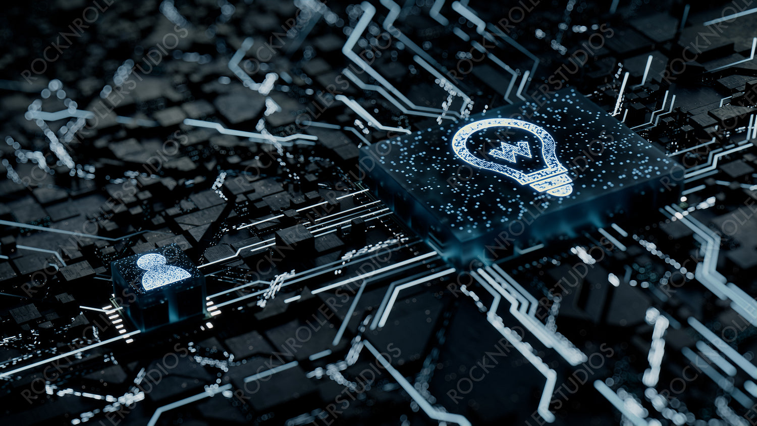 Innovation Technology Concept with lightbulb symbol on a Microchip. White Neon Data flows between the CPU and the User across a Futuristic Motherboard. 3D render.