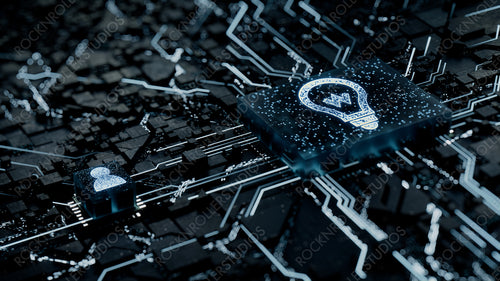 Innovation Technology Concept with lightbulb symbol on a Microchip. White Neon Data flows between the CPU and the User across a Futuristic Motherboard. 3D render.
