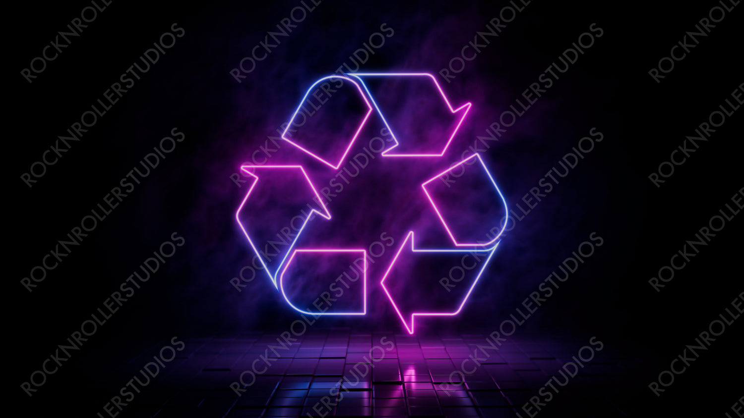 Pink and blue neon light recycle icon. Vibrant colored eco technology symbol, isolated on a black background. 3D Render