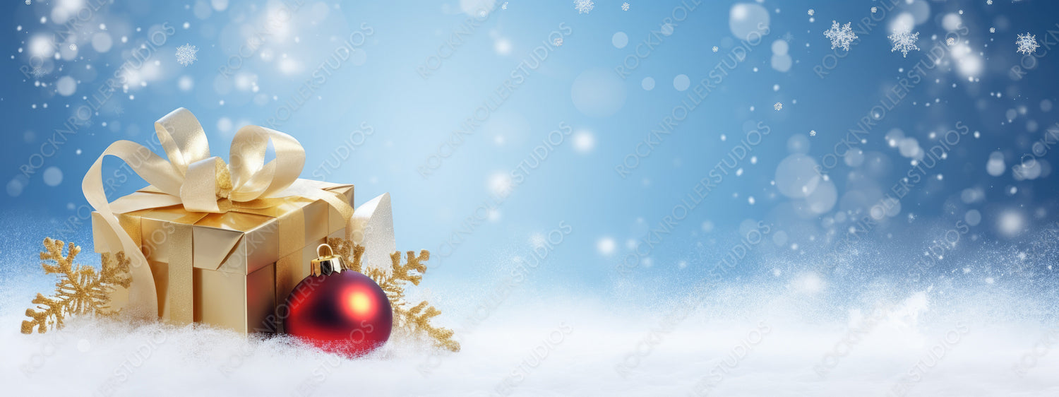 Festive Christmas snow background with copy space. Golden gift box with red ribbon, snowflake on snow on evening blue sky background with falling snow flakes.