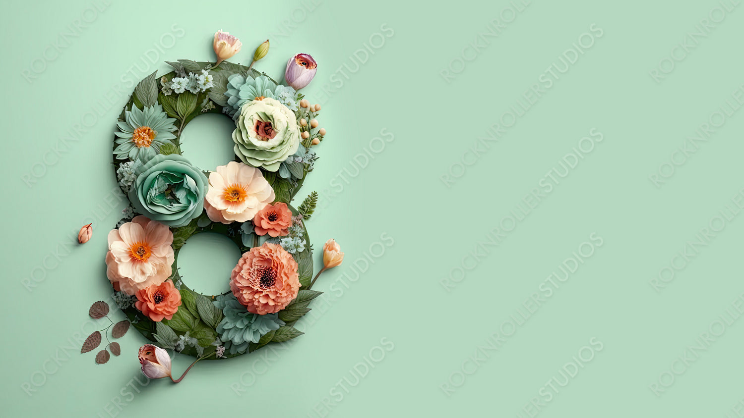 Number 8 in a Green Floral Design. Beautiful Botanical Background with Flowers and copy-space, to Celebrate International Woman's Day. Generative AI
