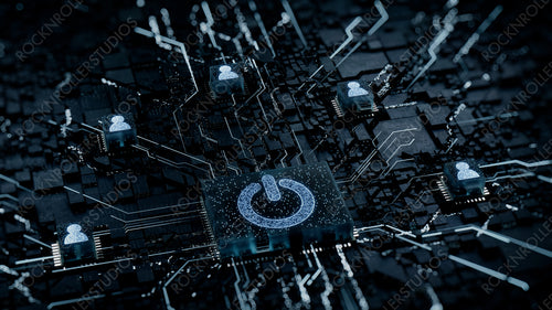Activate Technology Concept with power symbol on a Microchip. White Neon Data flows between Users and the CPU across a Futuristic Motherboard. 3D render.