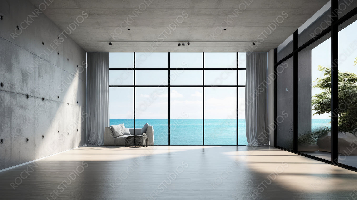 Sea View Interior Design Background. Stylish Living Room. Generative AI.