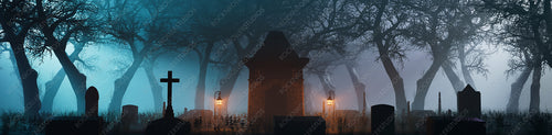 Eerie Churchyard at Night. Pale Blue Halloween Background with Tombstones and Trees.
