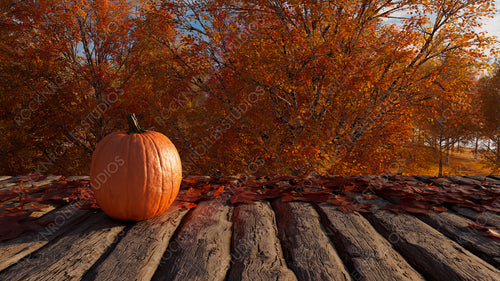 Seasonal Background with Pumpkin and Fall Leaves in a Natural Environment. Thanksgiving concept with copy-space.