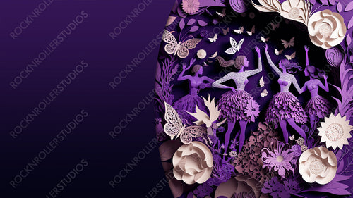 Purple Floral Wallpaper to Celebrate International Woman's Day. Premium Paper Craft Design with Dancing Ladies, Flowers and copy-space. Generative AI