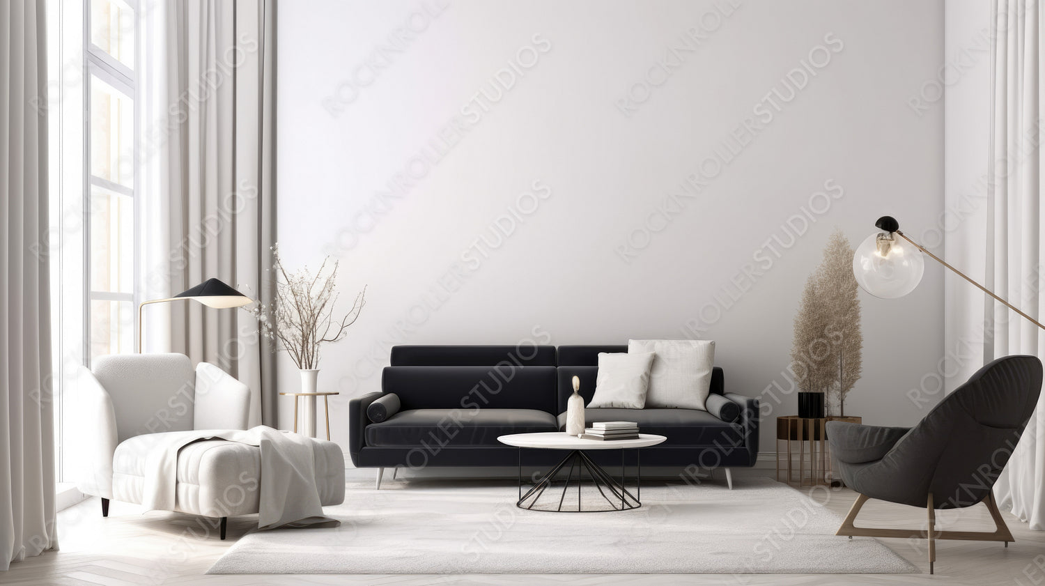 Minimal Living Room. Contemporary Interior Design Background. Generative AI.