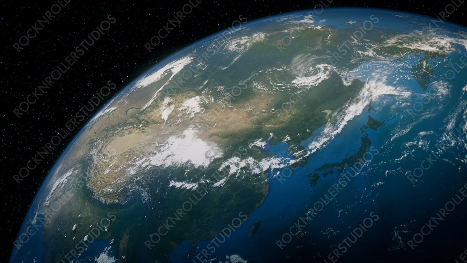 Earth in Space. Photorealistic 3D Render of the Planet, with views of Japan and Asia. Global Concept.
