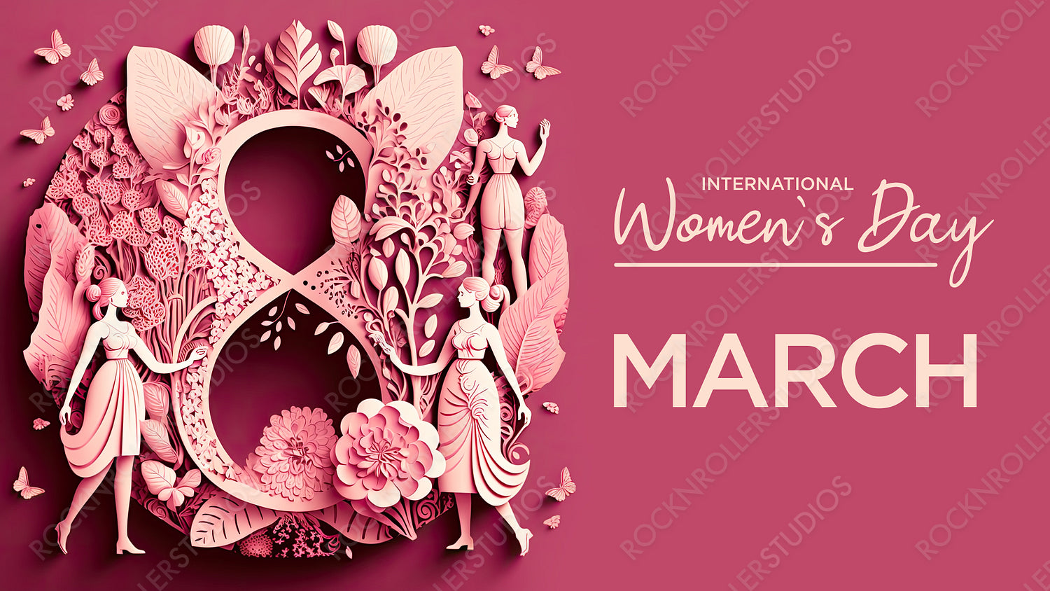 Pink Floral Wallpaper to Celebrate International Woman's Day. Beautiful Paper Craft Design with Number 8, Butterflies and Caption. Generative AI