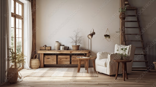 Farmhouse Living Room Background. Contemporary Interior Design. Generative AI.
