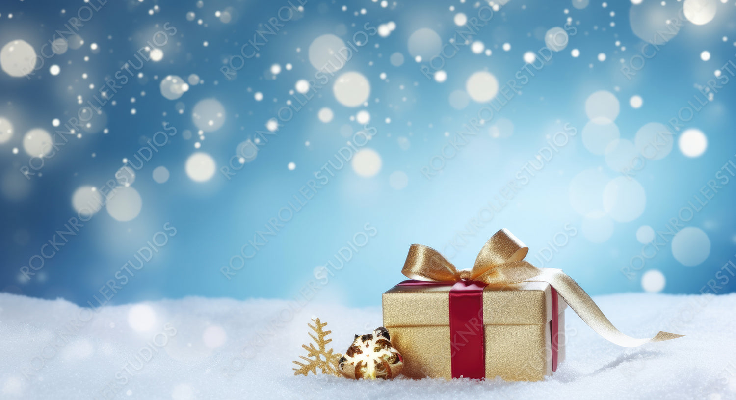 Festive Christmas snow background with copy space. Golden gift box with red ribbon, snowflake on snow on blue background with beautiful bokeh circles.