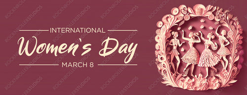 Pink Floral Banner to Celebrate International Woman's Day. Elegant Paper Craft Design with Dancing Ladies, Flowers and caption. Generative AI