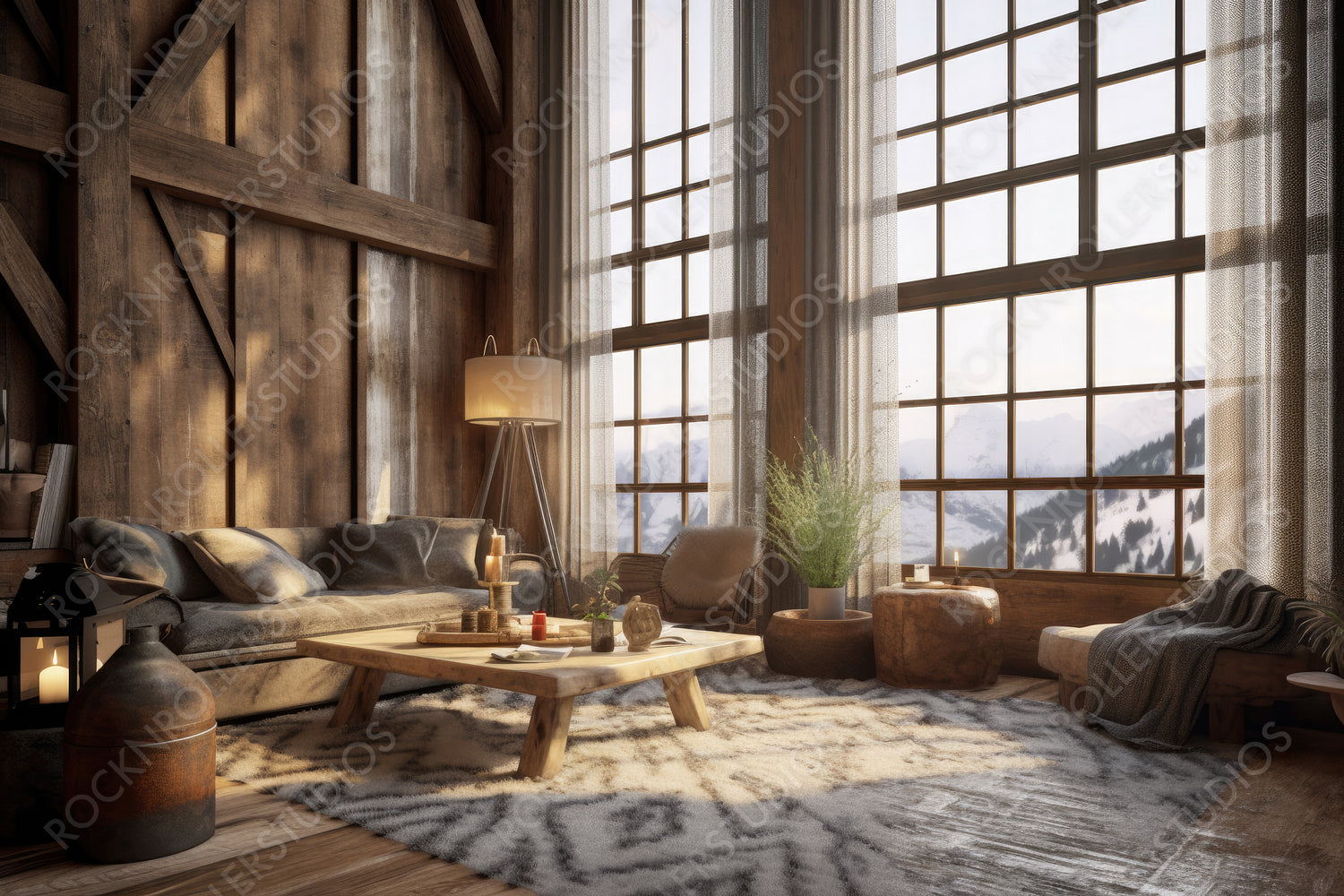 Cozy Ski Chalet. Stylish Interior Design Background. Generative AI.