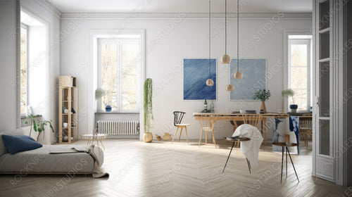 Contemporary Living Room. Scandinavian Interior Design Background. Generative AI.