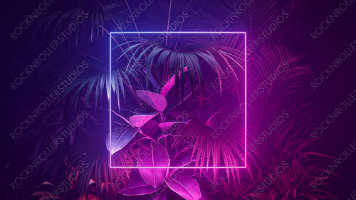 Tropical Plants Illuminated with Blue and Pink Fluorescent Light. Exotic Environment with Square shaped Neon Frame.